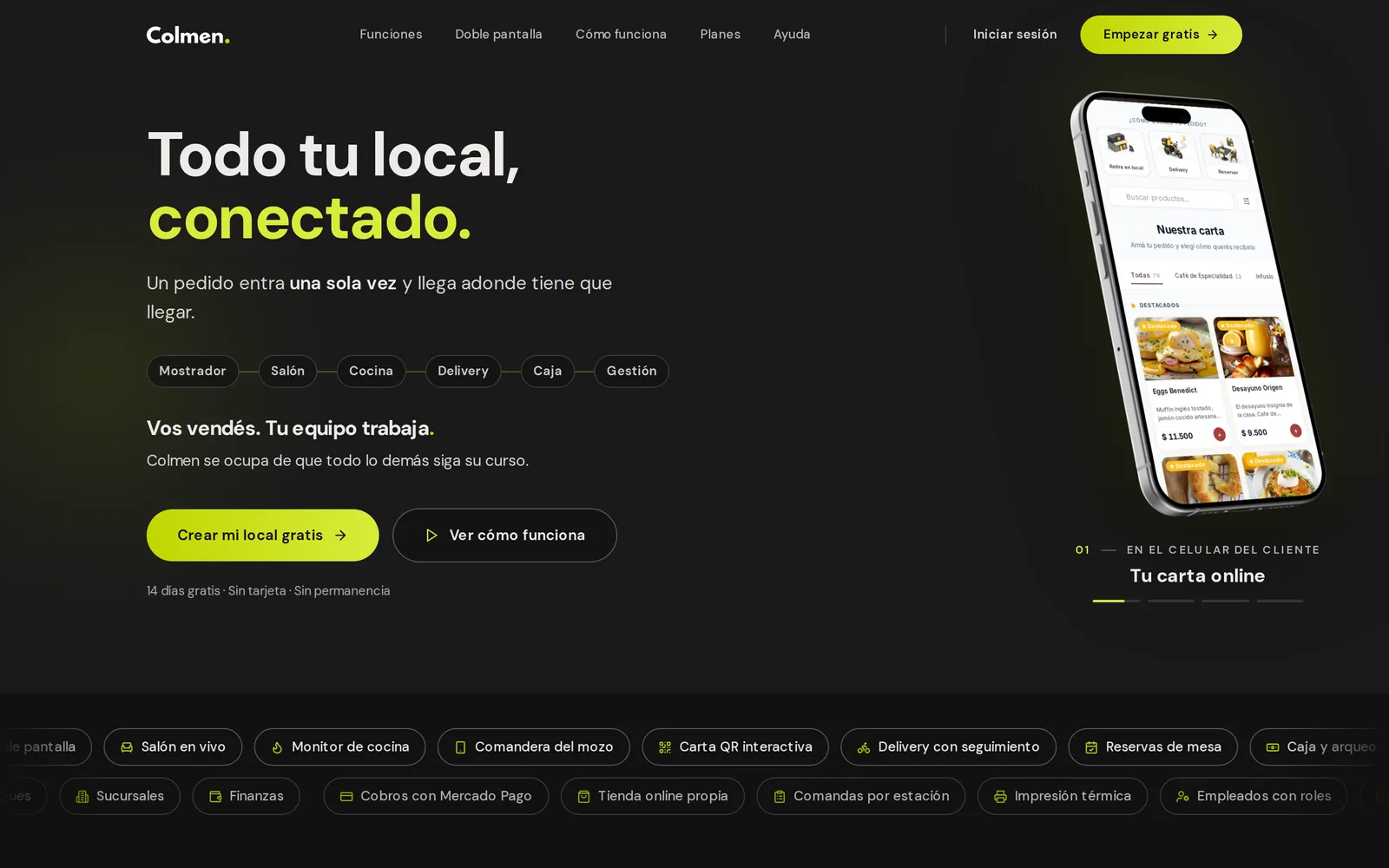 Sitio de Colmen, sistema de gestión gastronómica