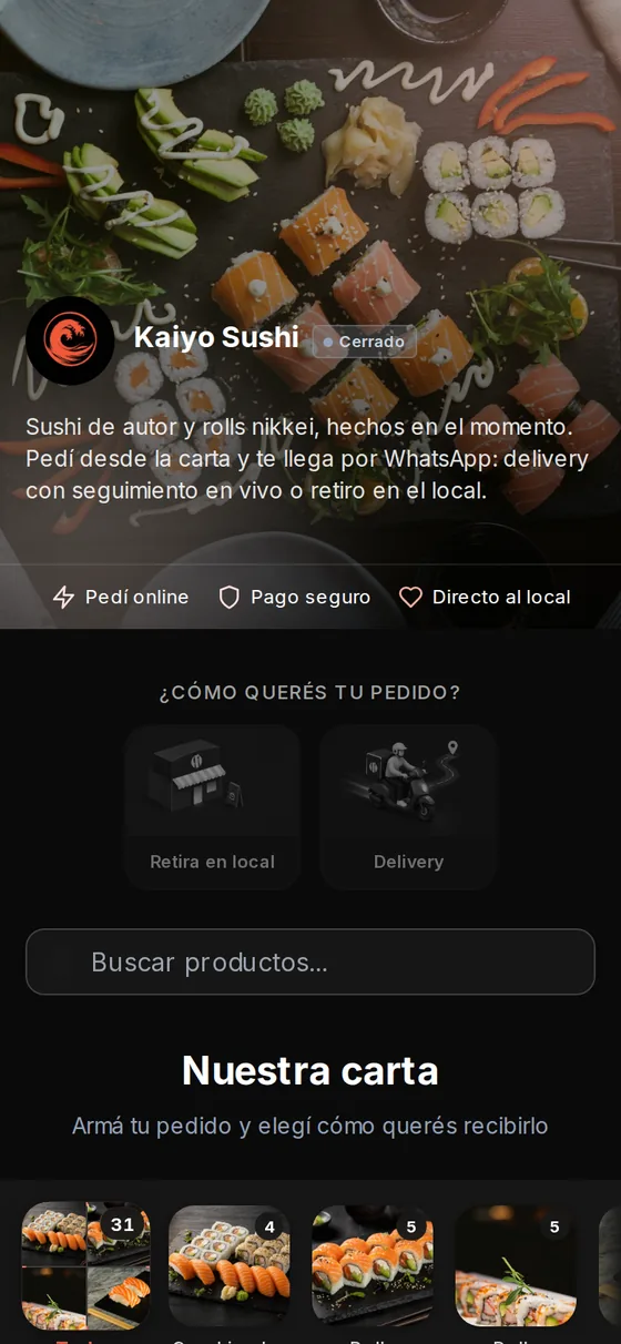 Tienda online de un local de sushi hecha con Colmen, en el celular
