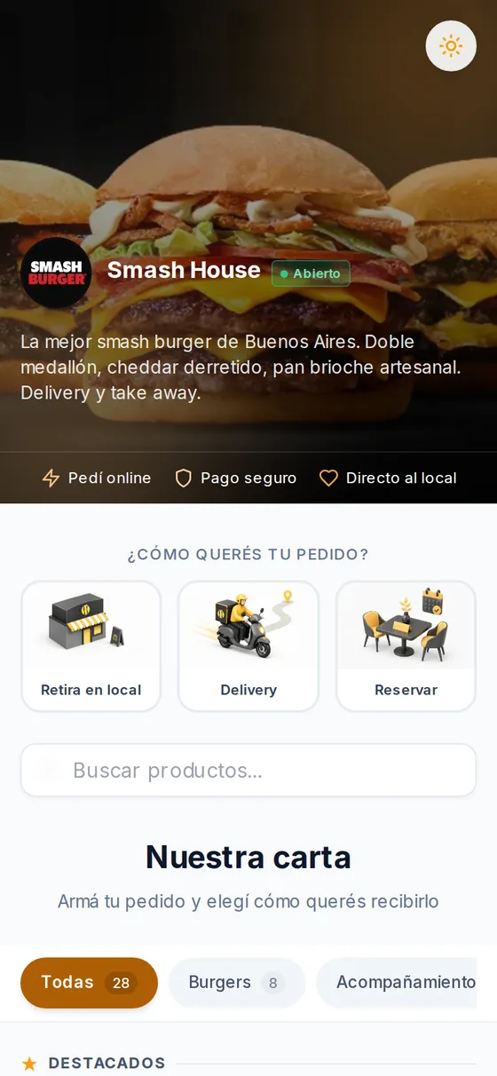 Tienda online de una hamburguesería hecha con Colmen, en el celular